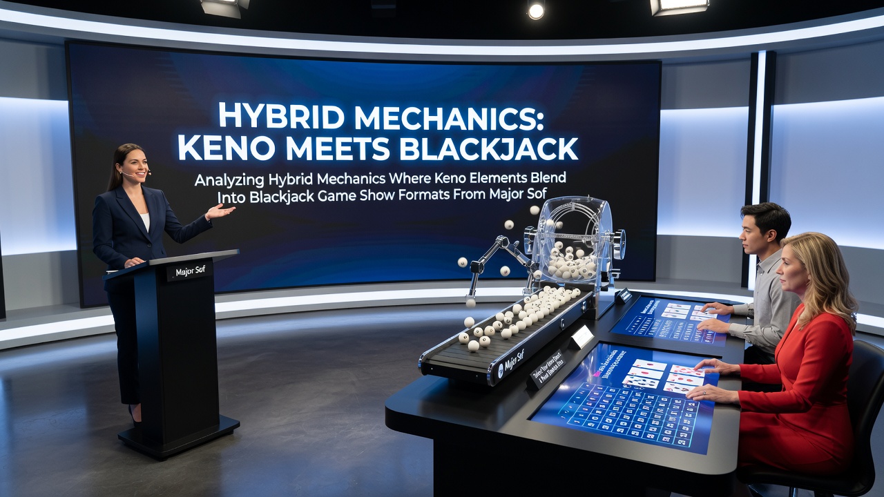 Live dealer managing blackjack table with keno display panels showing number selections and multiplier updates